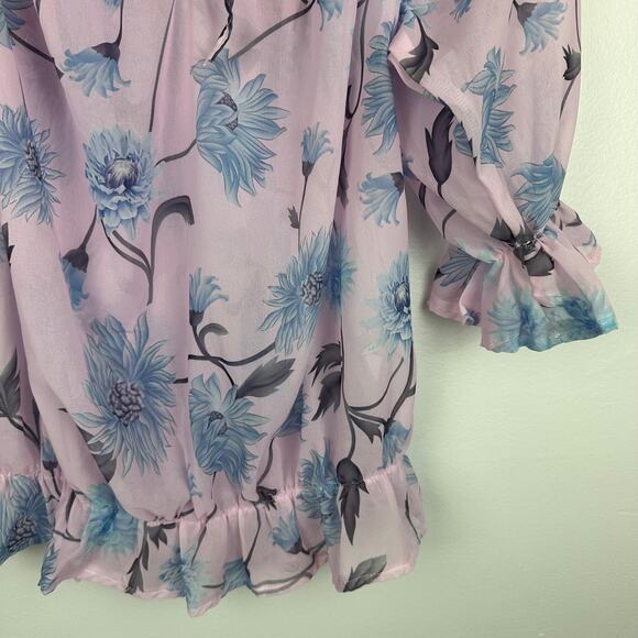 Womens Chiffon Floral Puff Sleeve Boat Tie Neck Romantic Pink/Blue Top Small - Picture 5 of 10